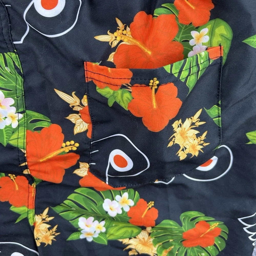 NHL Philadelphia Flyers Mens Tropical Floral Swim Trunks Black Orange Medium